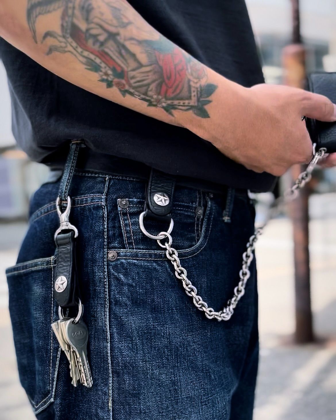 CALEE - SILVER STAR CONCHO LEATHER WALLET CHAIN (BLACK) / シルバー