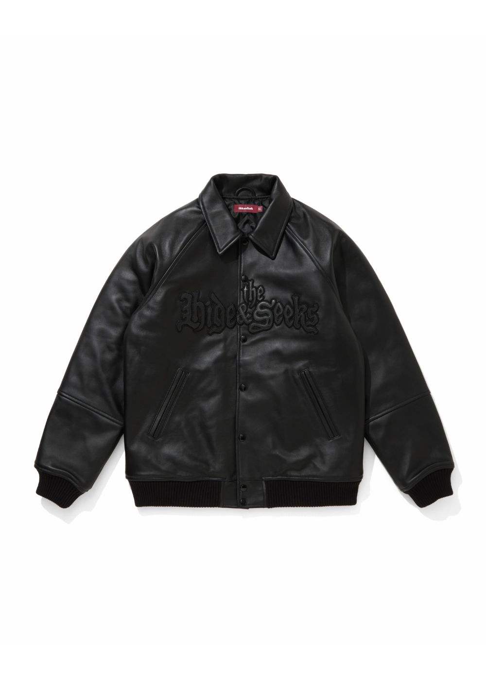 HIDE AND SEEK - Leather Varsity Jacket (BLACK/WHITE) / 西浦徹
