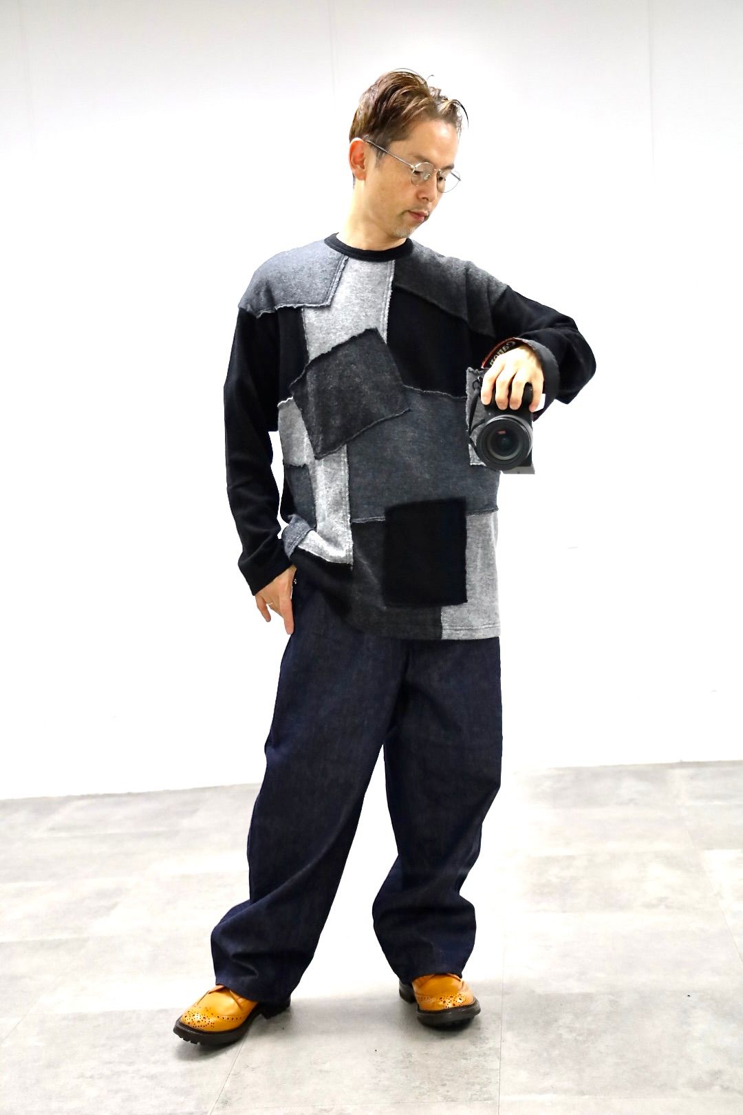 COMME des GARCONS HOMME ウールナイロン天竺パッチワークニット