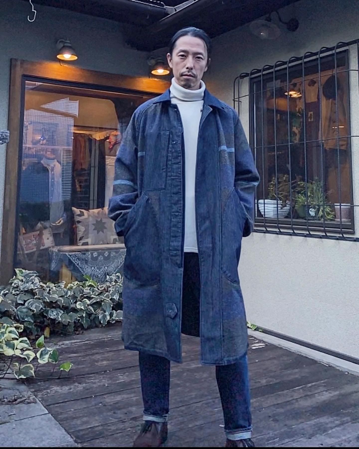 BLUE BLUE - NAVYボーダーブランケットデニム バルマカーンコート