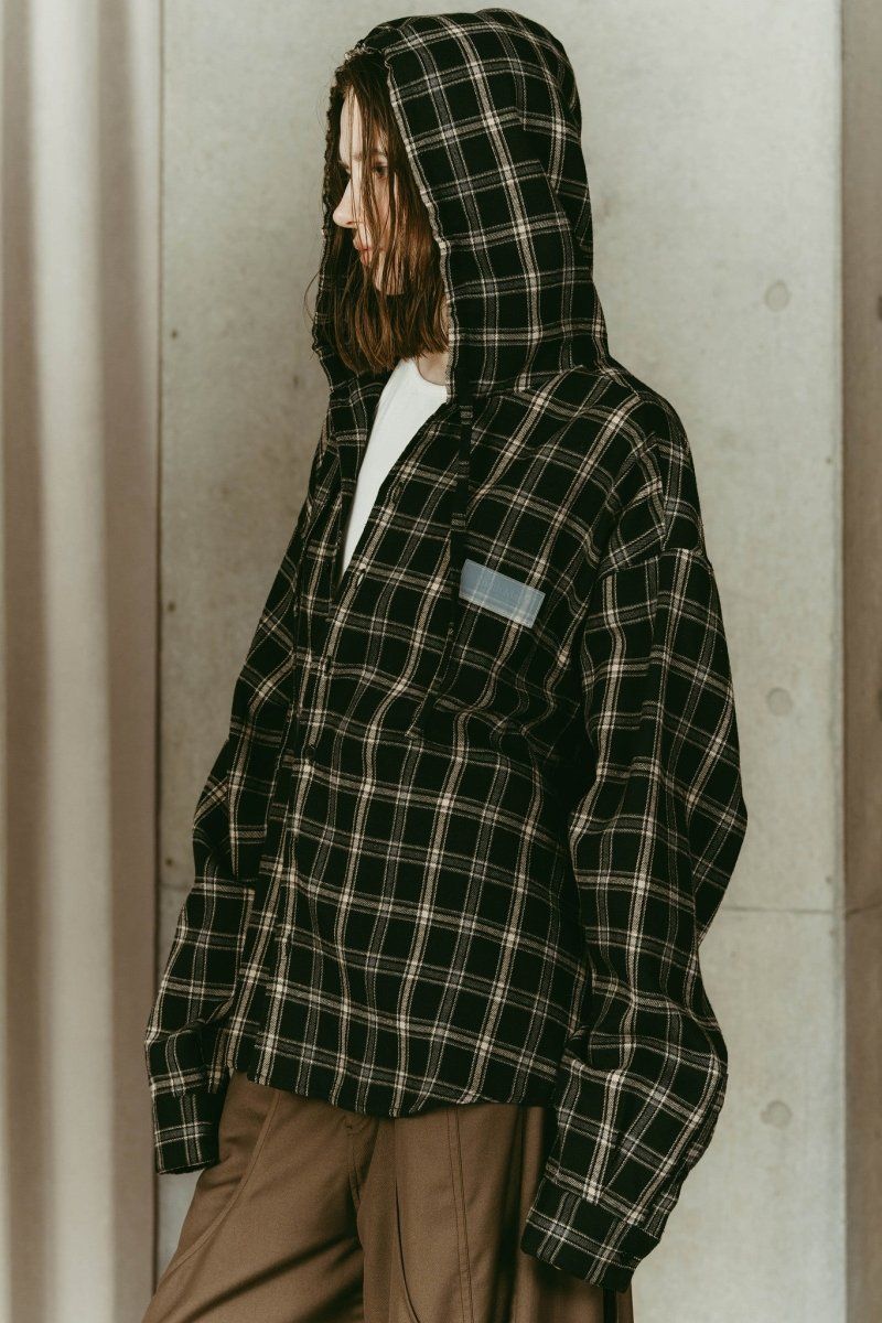Knuth Marf - hooded over shirts(unisex) (Check black) / オーバー
