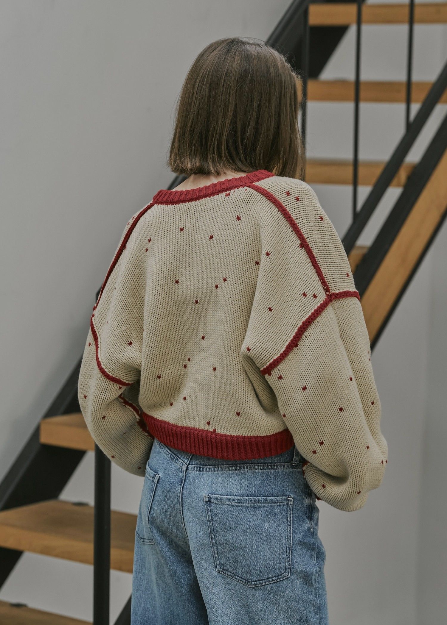 WILLFULLY - heart dot jacquard reversible cropped knit cardigan