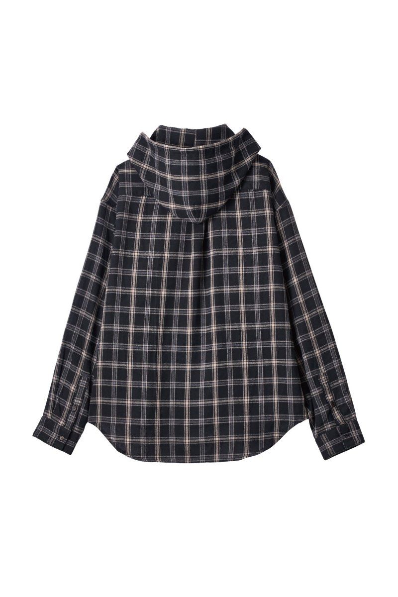Knuth Marf - hooded over shirts(unisex) (Check black) / オーバー