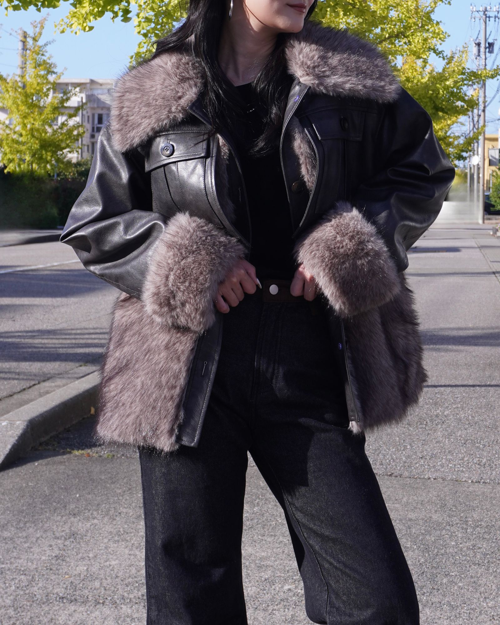 THINK FUR - Leather Docking Fur Jacket (ブラック) / レザー