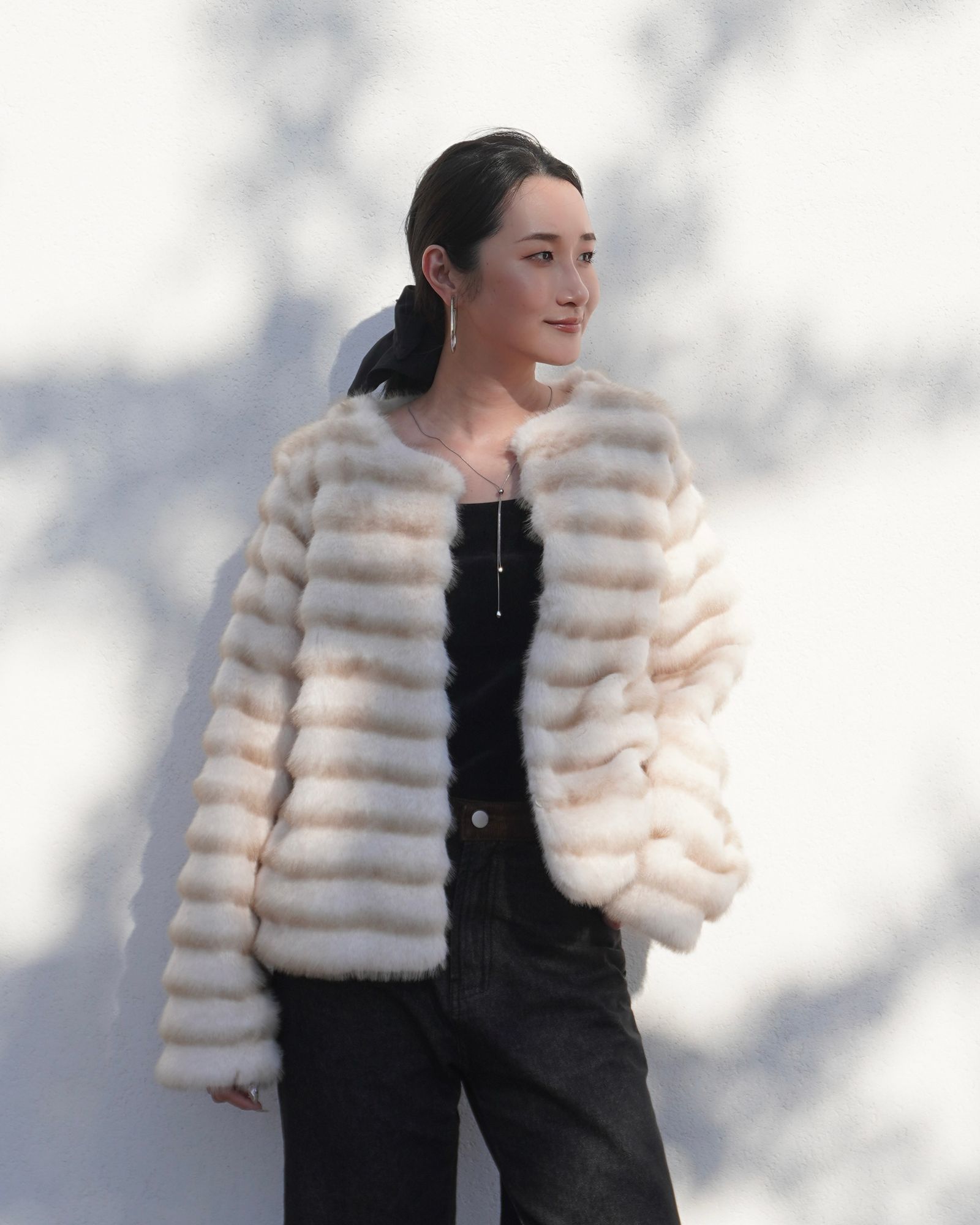 THINK FUR - Gradation Border Fur Jacket (アイボリー