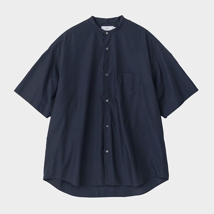 Graphpaper - Broad S/S Oversized Band Collar Shirt / NAVY | Stripe
