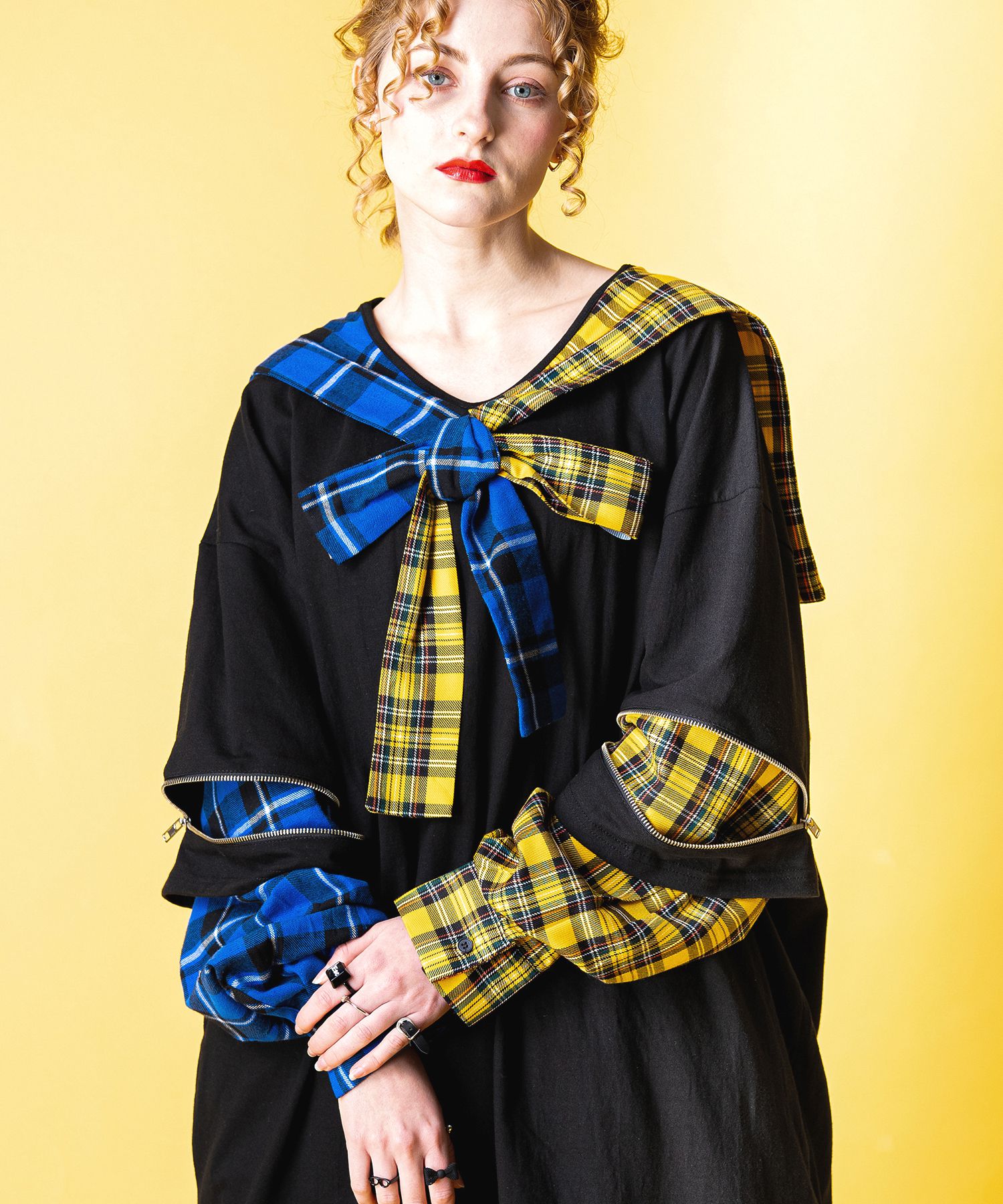 オープンジップフェイクレイヤーアシンメトリーチェック柄シャツ