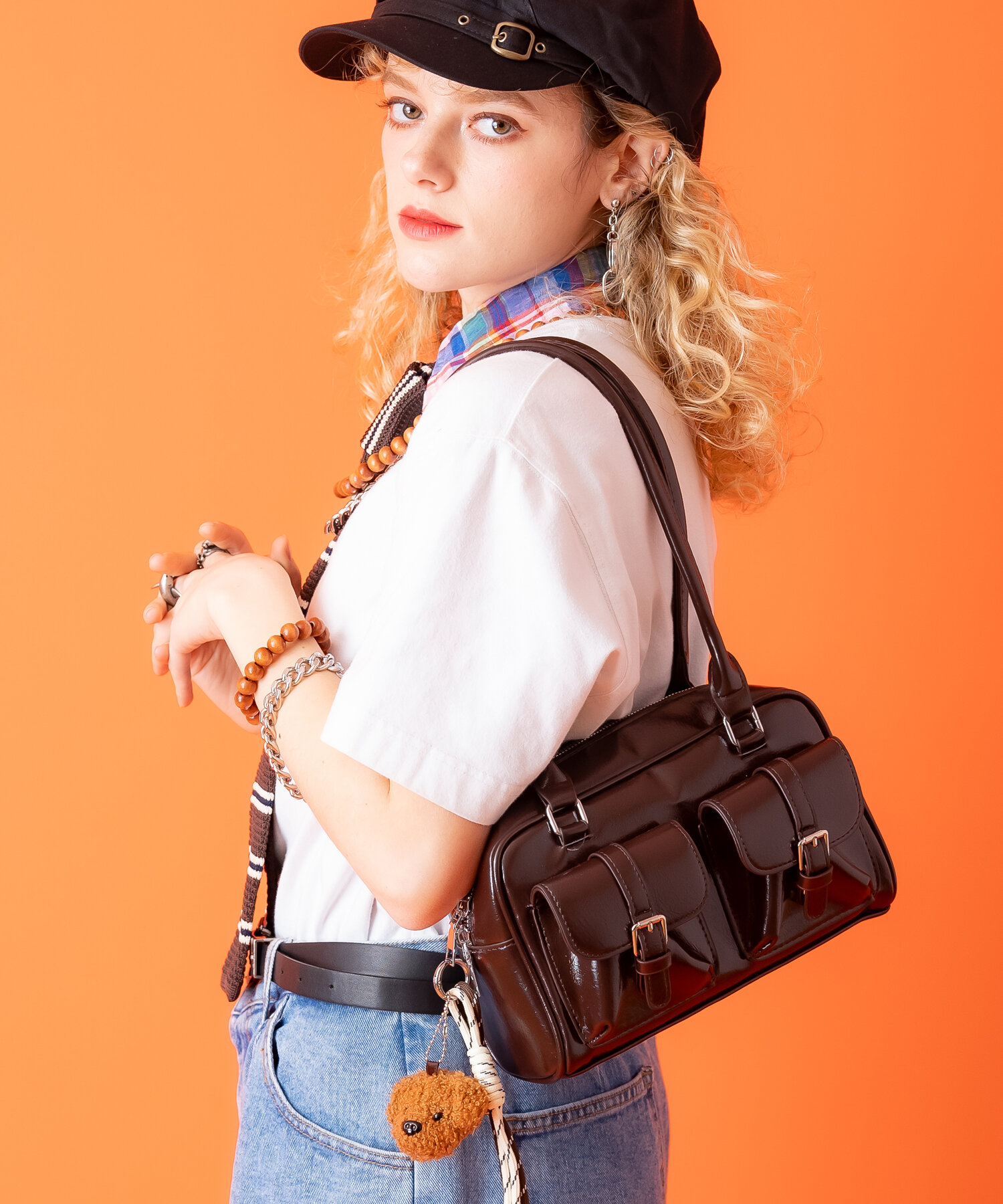 キーホルダー付き合成皮革ロングハンドルミニボストンバッグ / バック