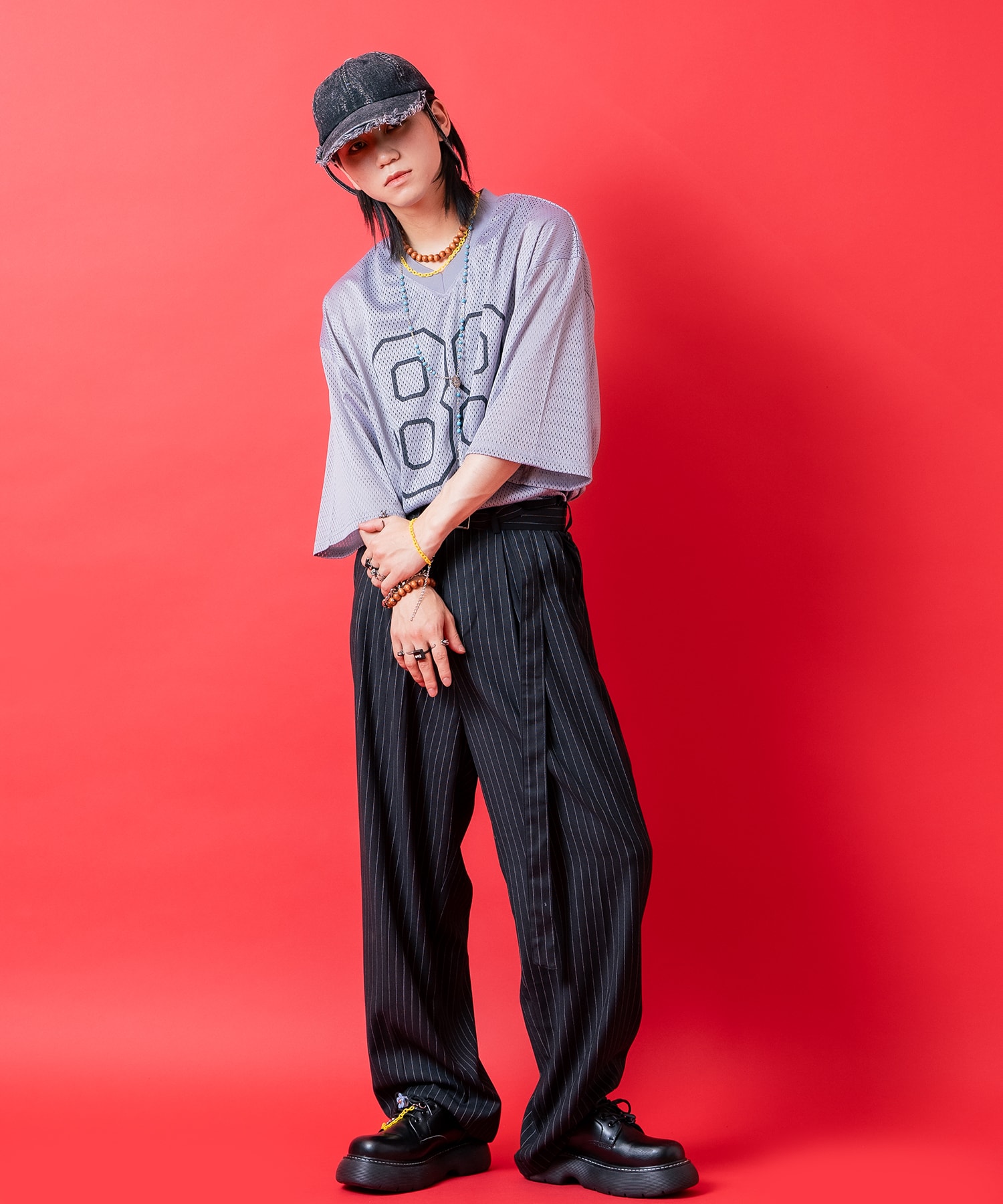 ピンストライプTRスーツロングベルト2タックワイドスラックス