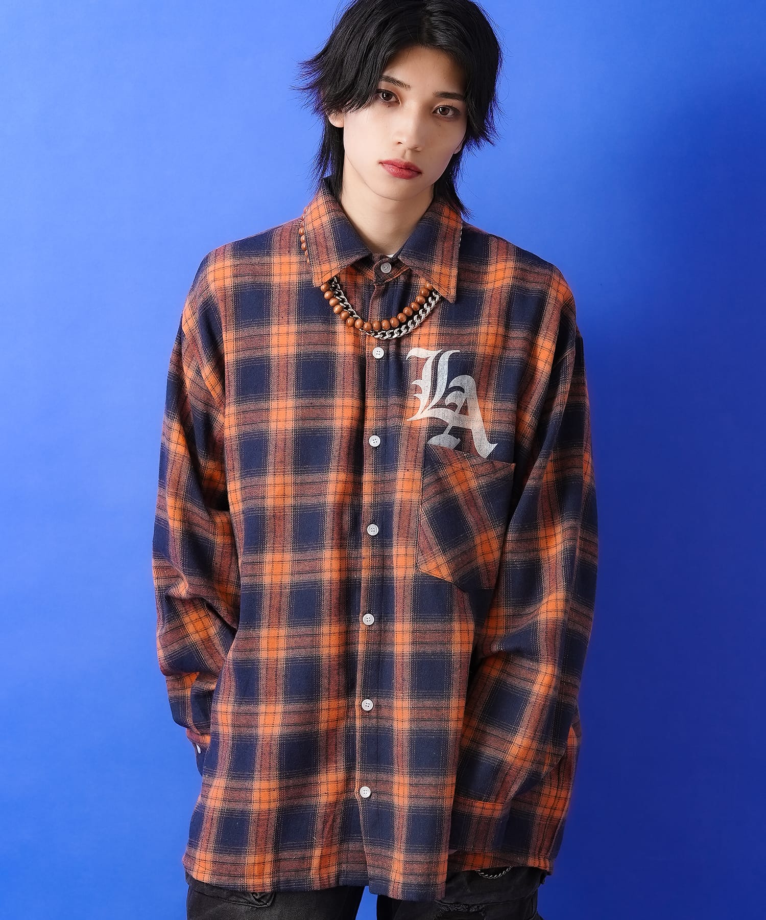 ナンバリング＆LAプリントオーバーサイズオンブレチェックネルシャツ