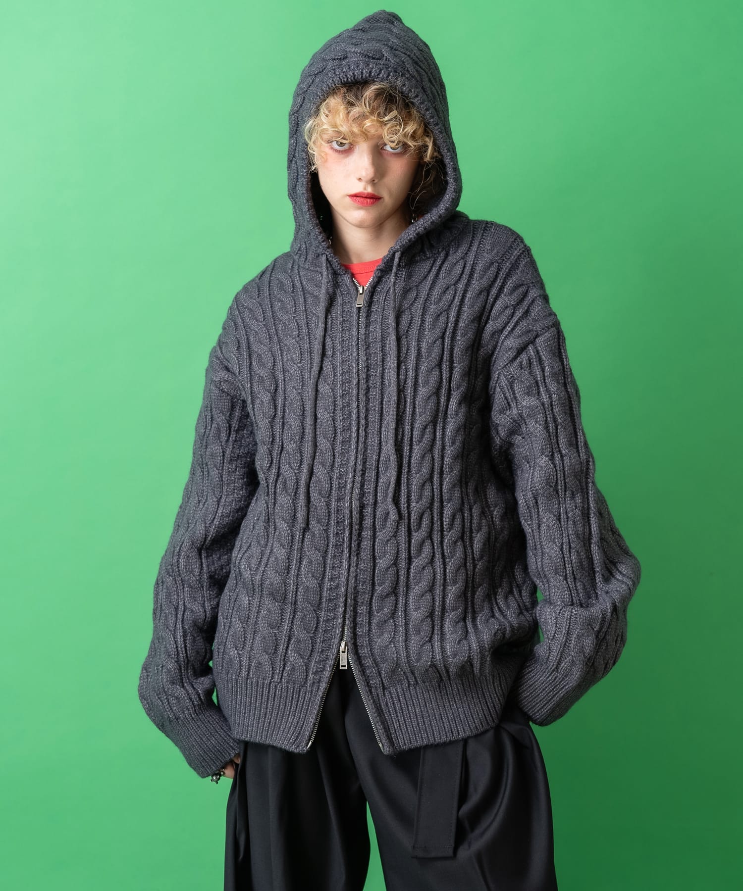 ミックス編みケーブルニットジップアップパーカー / ZIPパーカー