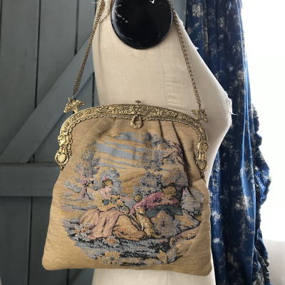 F-076 フランスアンティークバッグ/パーティバッグ ゴブラン織＆ブラス