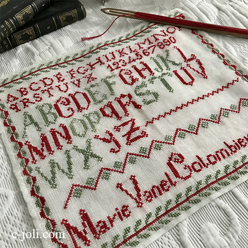 L2714 フランスアンティーク手刺繍スクールサンプラー＆ランディング