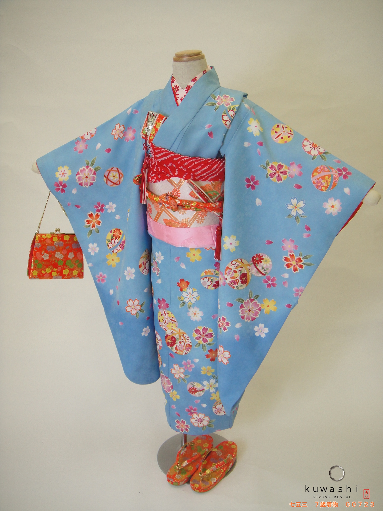 七五三レンタル着物】 00723 水色鞠桜フルセット 【7歳女児着物