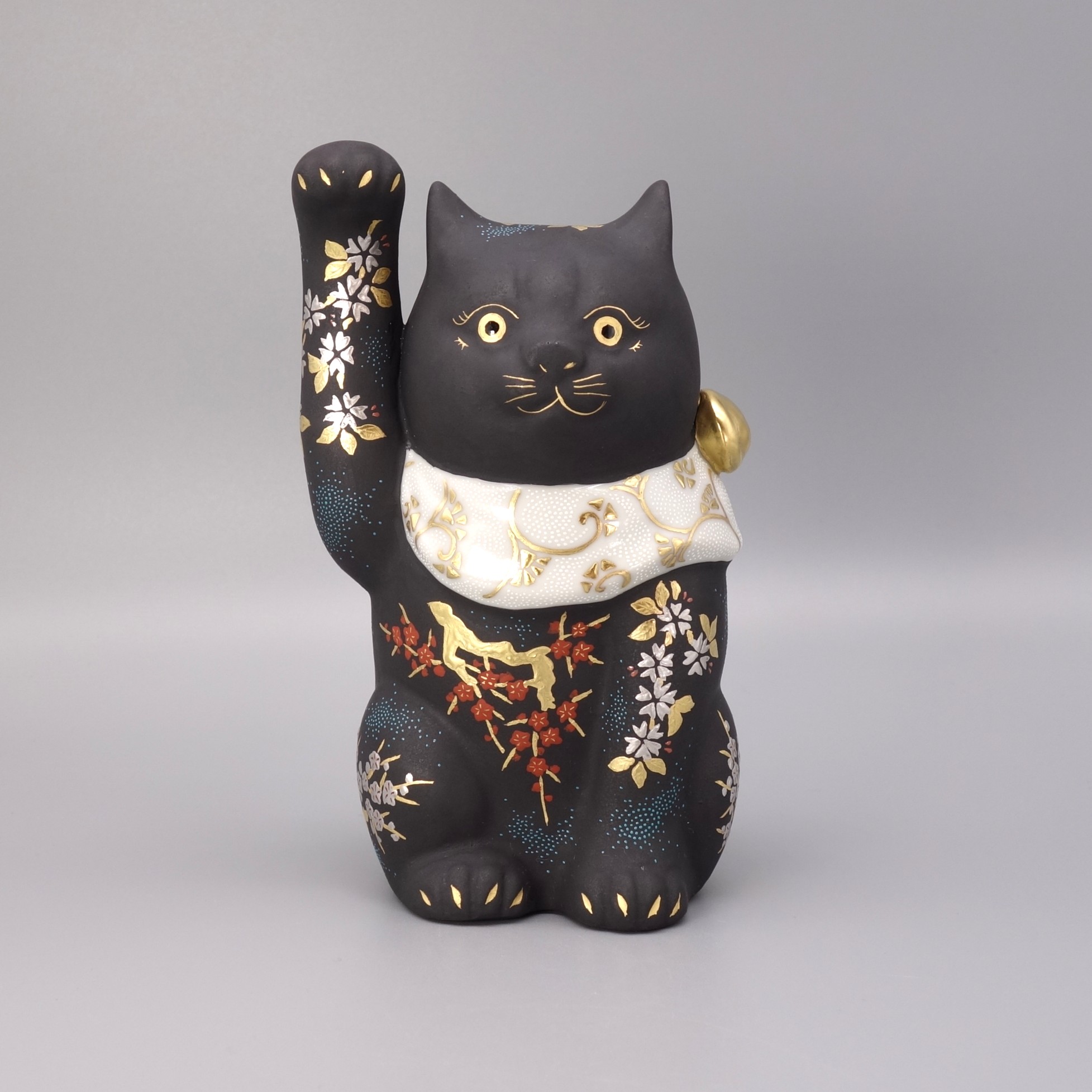 九谷焼5.2号招猫（右手上げ） 白金盛渦打青白粒（木札付） [ 三代 仲田