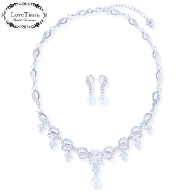 フラワーリボンジルコニアネックレス＆イヤリング/ピアスセット パール