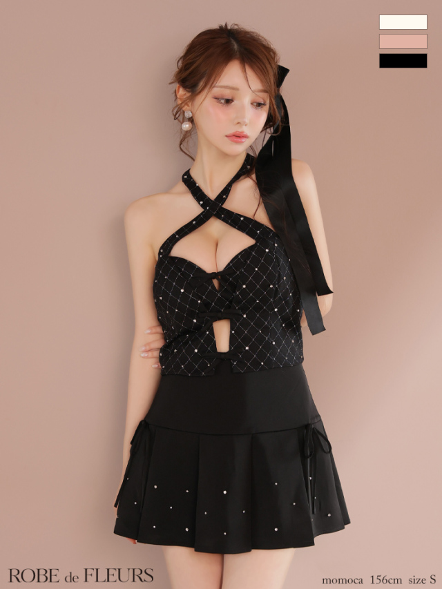 XSサイズあり】クロスホルタービジューミニリボンセットアップキャバ