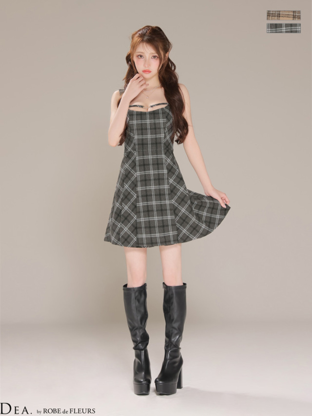 XSサイズあり】ふんわり起毛チェックキャミソールフレアミニキャバ