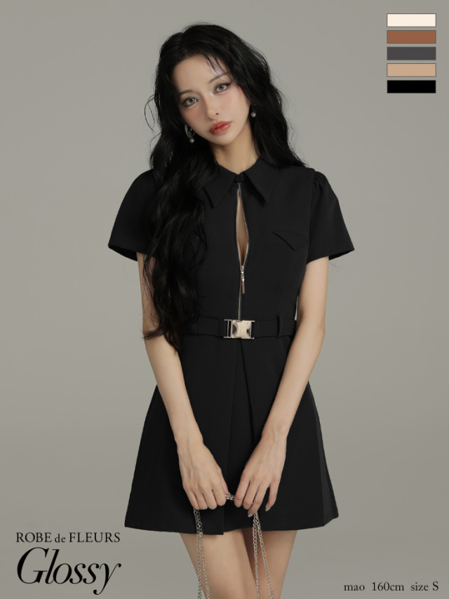 XS～Lサイズあり】シャツカラーウエストベルトフレアミニキャバドレス