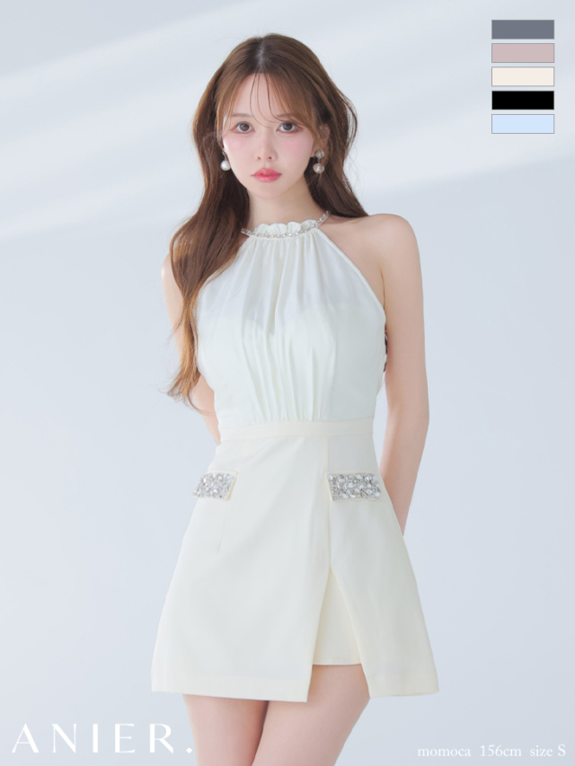 XSサイズあり】Satin Bijou back open halter mini dress (anier4051)