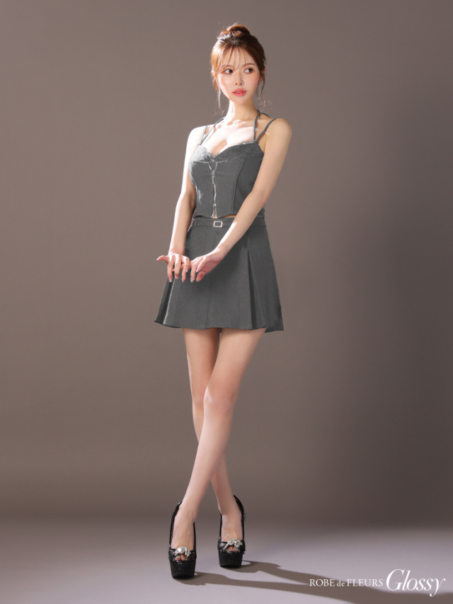 ワッフル素材クラシカル襟付きフレアミニキャバドレス XS～Lサイズあり