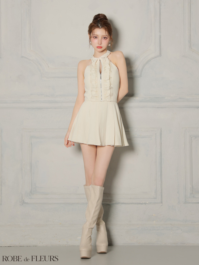 XS～Lサイズあり】レースハイネックセットアップフレアミニキャバ