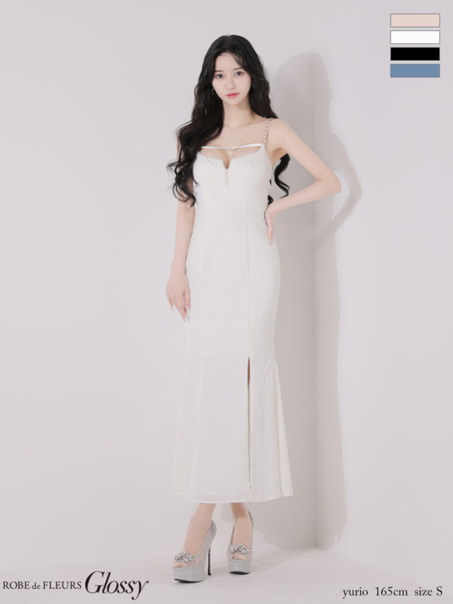 Lサイズあり】 チェーンショルダーサテンマーメイドロングキャバドレス