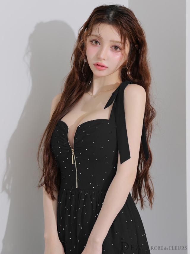 XS～Lサイズあり】ショルダーリボンドットフレアロングキャバドレス