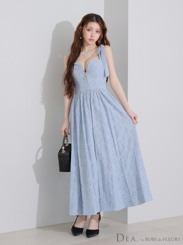 XS～Lサイズあり】ショルダーリボンドットフレアロングキャバドレス