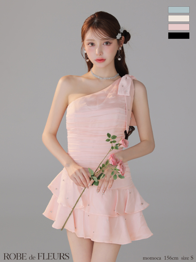 XSサイズあり】サテンワンショルダーリボンティアードフレアミニキャバ