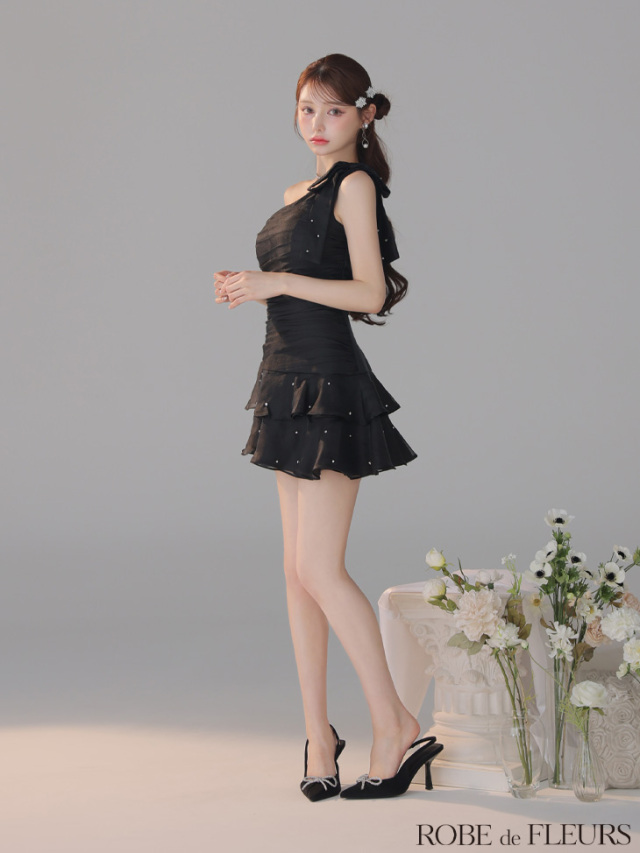 XSサイズあり】サテンワンショルダーリボンティアードフレアミニキャバ