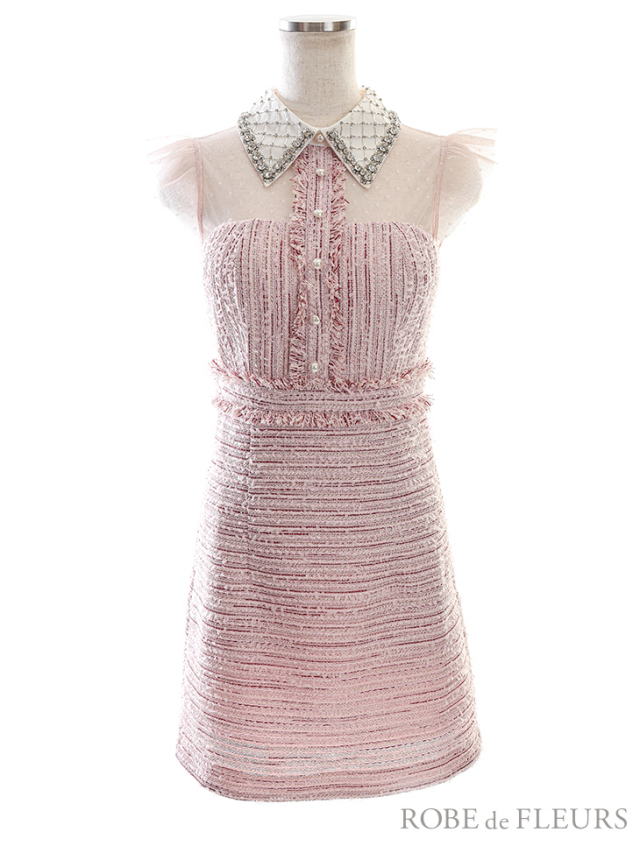 XSサイズあり】ラメツイードxビジュー襟台形ミニキャバドレス(fm2494)