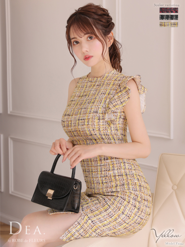 XS～Lサイズあり】ラメツイードアシンメトリーフリルミニキャバドレス