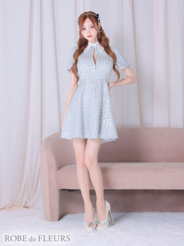 XS～Lサイズあり】襟付きジップツイードフレアミニキャバドレス(fm2639)