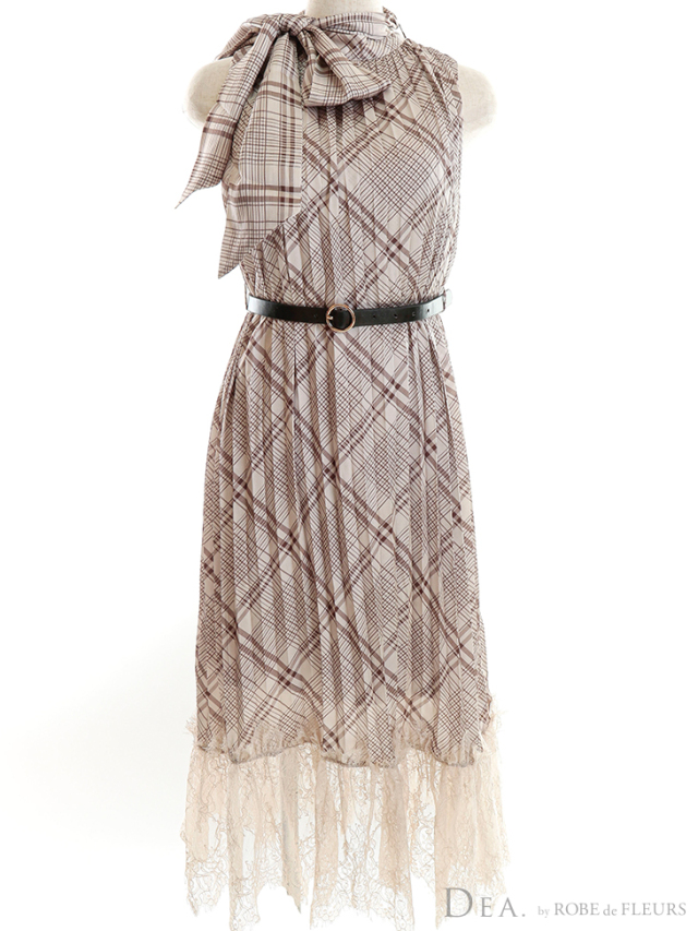 チェック柄 x ノースリーブマキシワンピース【リボンベルト、ベルト