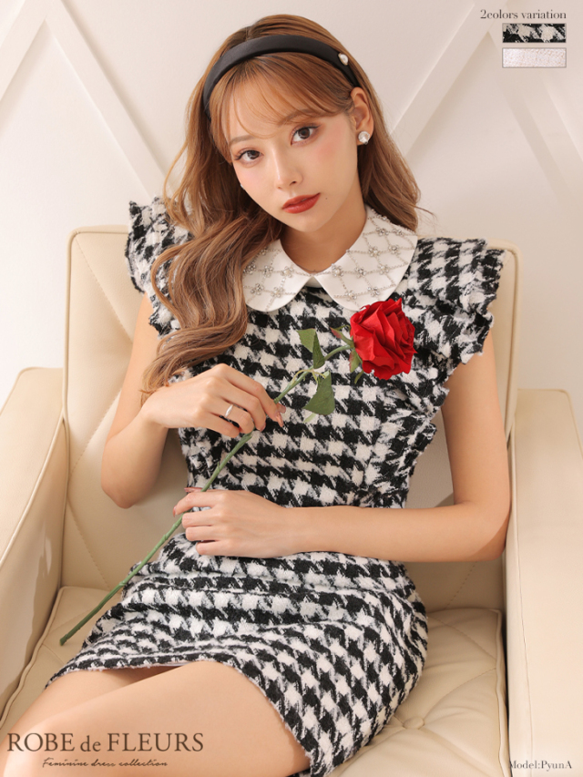 XSサイズあり】ビジュー付き丸襟xツイードフリル袖タイトミニキャバ