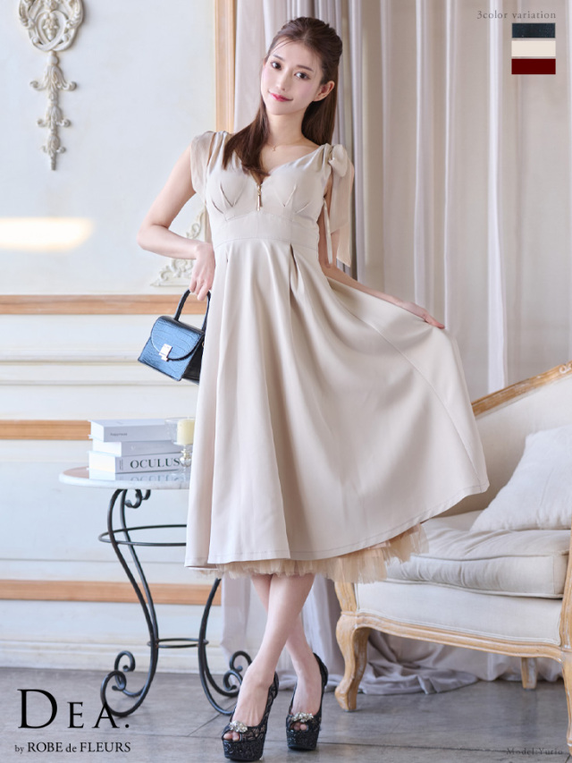 Lサイズあり】ショルダーリボン×チュールフレアロングキャバドレス