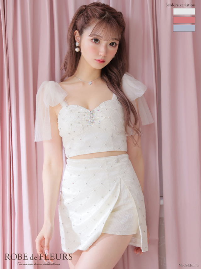 XSサイズあり】リボンチュール×ビジューセットアップキャバドレス(fm2774)