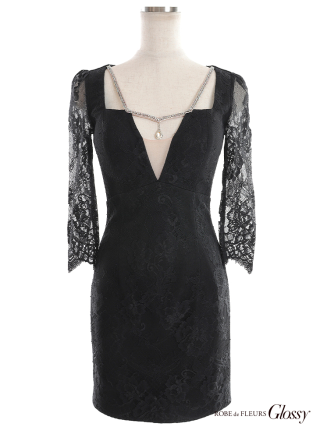 XSサイズあり】バストビジュー×レース袖ありタイトミニキャバドレス