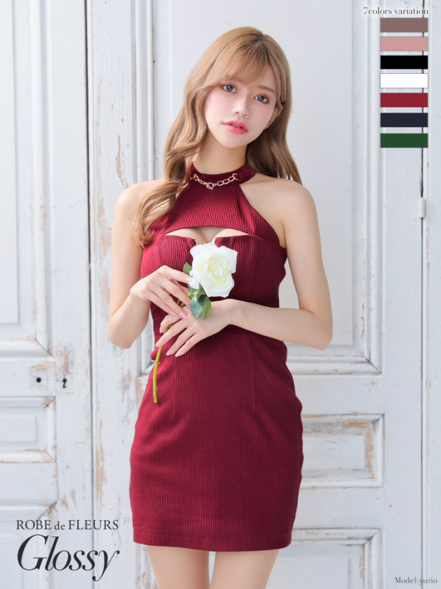 XSサイズあり】ホルターチェーンネック×バストカットミニキャバドレス