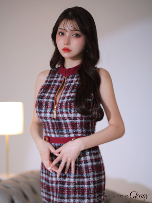 XS～Lサイズあり】フロントジッパー×チェック柄ツイードミニキャバ