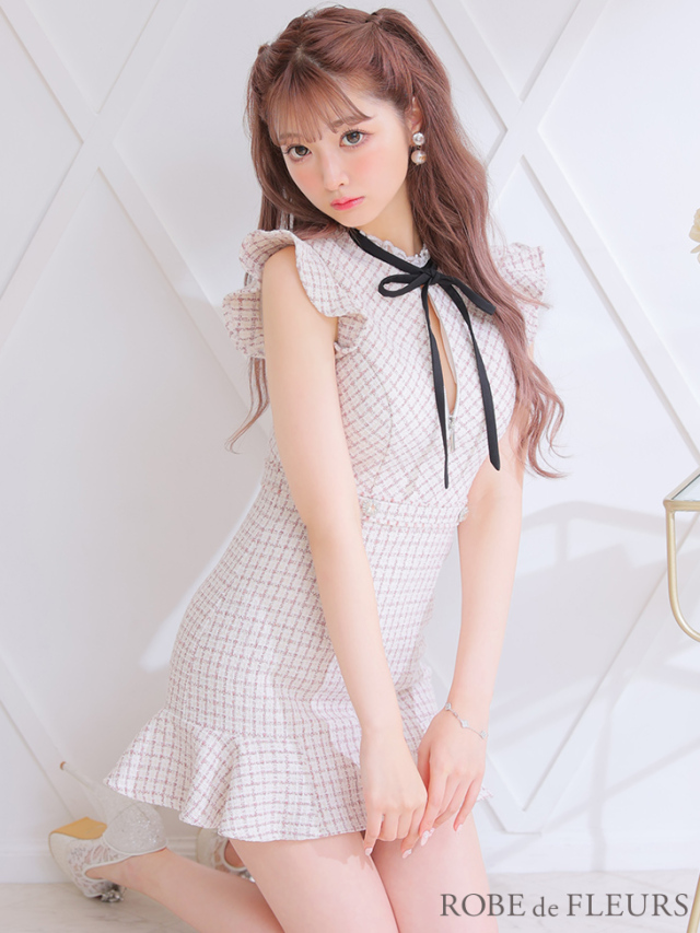 XSサイズあり】チェックツイードバストリボンミニキャバドレス(fm2934)
