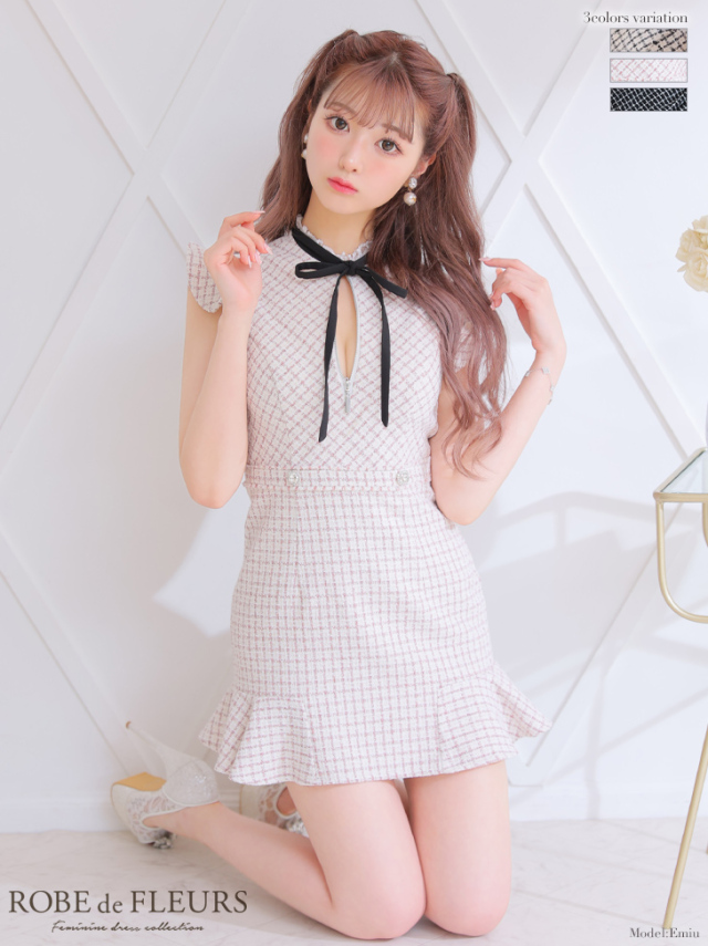 XSサイズあり】チェックツイードバストリボンミニキャバドレス(fm2934)