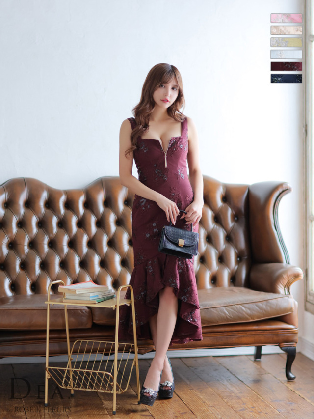 Lサイズあり】フローラル×バストジッパーフリルマーメイドキャバドレス