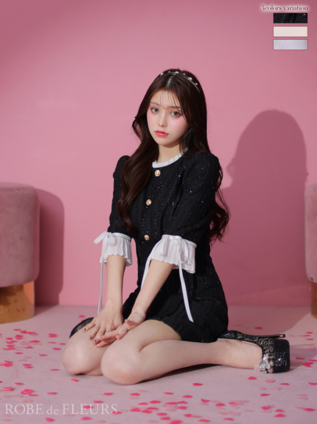 XSサイズあり】ラメツイードx袖フリルリボンキャバドレス(fm2989)