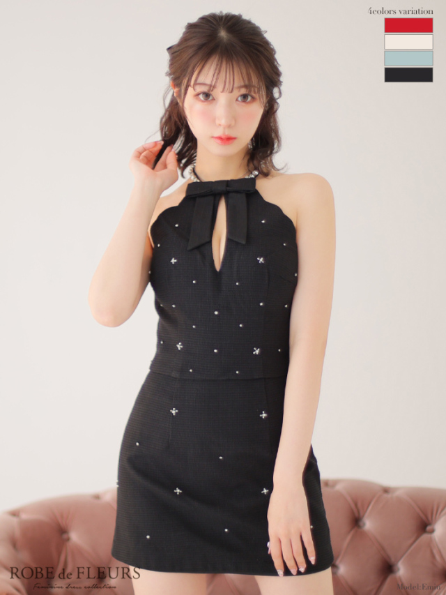 XSサイズあり】ビジューネックリボン×アメスリセットアップキャバ