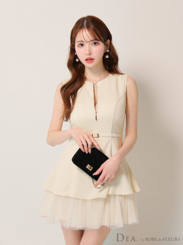 XS～Lサイズあり】ノースリーブベルトデザインチュールミニキャバ