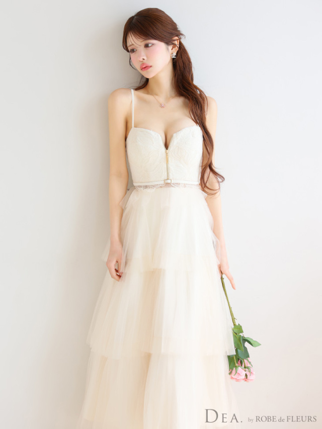 XS～Lサイズあり】レースティアードチュールフレアロングキャバドレス