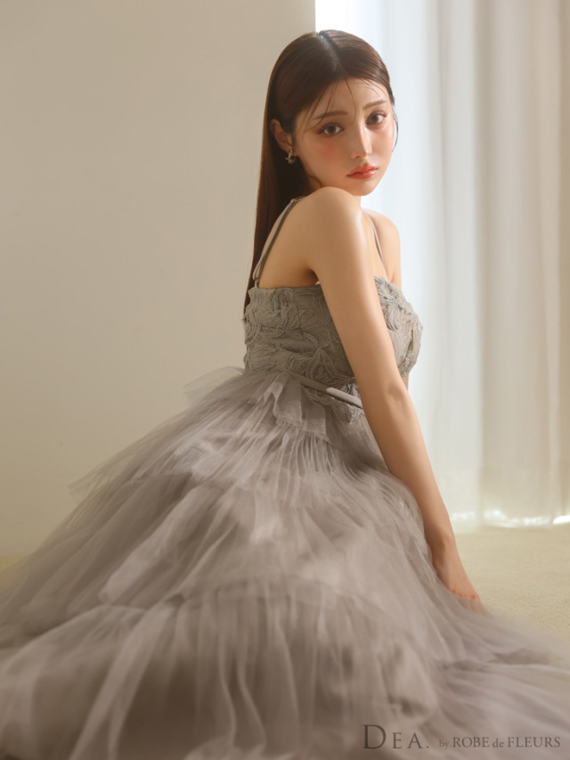 XS～Lサイズあり】レースティアードチュールフレアロングキャバドレス