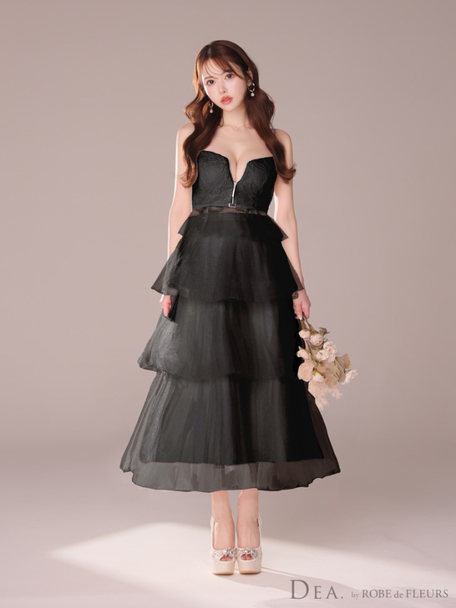 XS～Lサイズあり】レースティアードチュールフレアロングキャバドレス